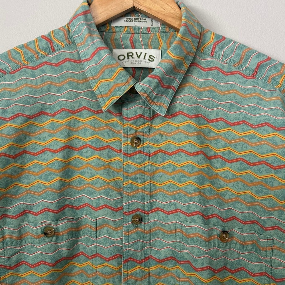 Orvis Shirt Mens Large Teal Green Zig Zag Chevron Short Sleeve Button Down